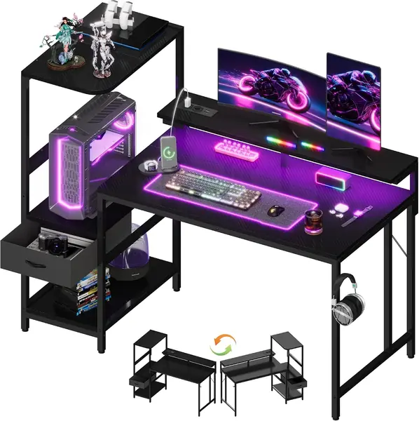 120×60cm Gaming Tisch mit Steckdose & Lichtleiste…